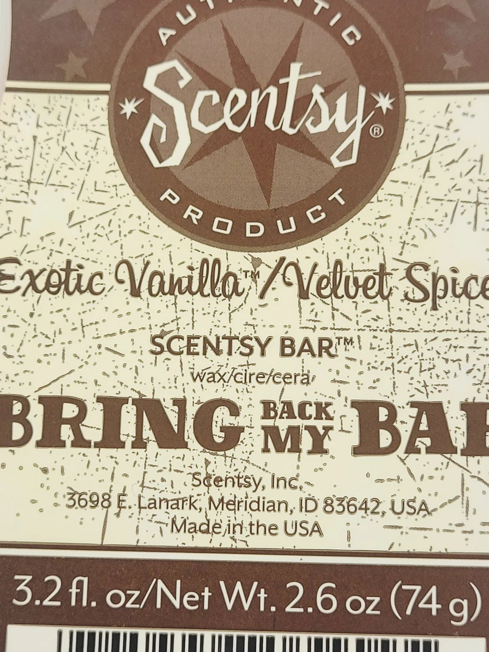 Scentsy Wax Bar Exotic Vanilla/Velvet Spice~Bring Back My Bar 3.2 oz